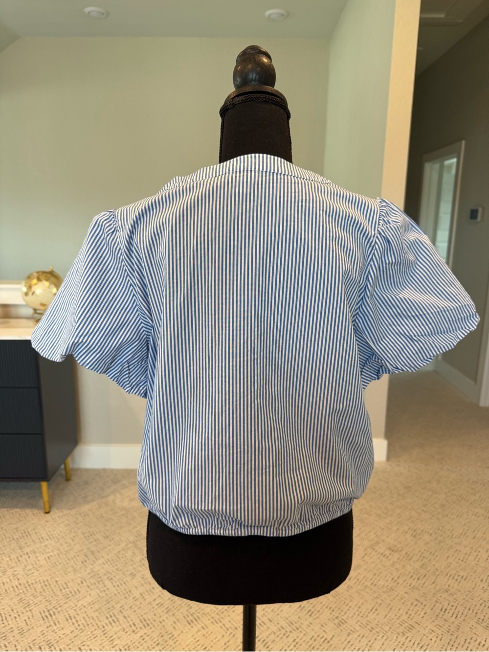 J. Crew Blue and White Striped Puff-Sleeve Button-Front Top - Picture 3 of 9